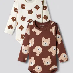 Bonfino 100% Cotton Knit Full Sleeves Onesies with Bear Print Pack of 2 - Brown & White-picture-25