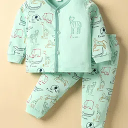 Mini Donuts Sinker Knit Full Sleeves Co-ord Night Suit with Animal Print - Sea Green-picture-26