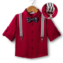 Mark & Mia Woven Full Sleeves Pleated Solid Party Shirt With Bow & Suspender - Red-picture-26