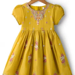 Babyhug Chanderi Woven Half Sleeves Ethnic Dress With Floral Embroidery - Yellow-picture-26
