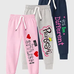 KUCHIPOO Cotton Blend Knit Pack Of 3 Typography & Hearts Printed Track Pants - Pink Grey & Navy Blue-picture-15