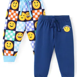 Babyhug Cotton Knit Full Length Smiley Printed Lounge Pants Pack of 2 - Light Blue & Navy Blue image 2