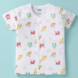 Pink Rabbit Single Jersey Knit Half Sleeves Front Open Co-ords Shorts Night Suit with Animal Print - White & Pink image 2