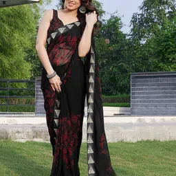 MIRCHI FASHION Black & Red Poly Georgette Printed Saree image 1