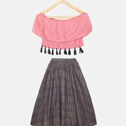 Kiddopanti Kids Peach & Navy Printed Lehenga with Top image 2