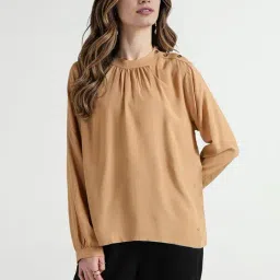 Elle Women Beige Solid Band Collar Top-picture-31