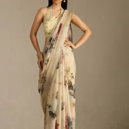 Soch Beige Linen Floral Saree With Stitched Blouse image 1