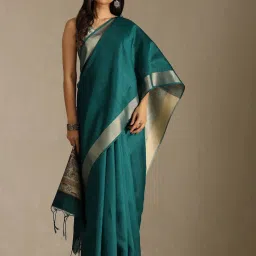 Soch Teal Tussar Solid Saree With Stitched Blouse image 1