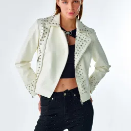 Cover Story Off White Embellished Biker Jacket image 1