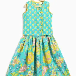 Campana Girls Turquoise and Yellow Cotton Flared Fit Lehenga Set image 1