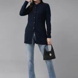 Cayman Navy Wool Self Design Cable Knit Cardigan image 4