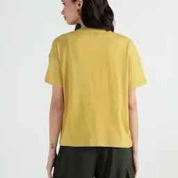 Elle Women Yellow Solid Crew Neck Pure Cotton T-Shirt image 2