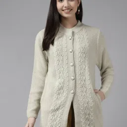 Cayman Light Beige Wool Self Design Cable Knit Cardigan image 1