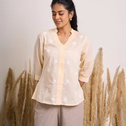 House Of Chikankari Beige Cotton Chikankari Top image 1
