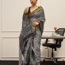 Tikhi Imli Grey Printed Ready To Wear Saree with Unstitched Blouse image 1