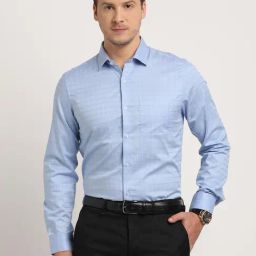 Turtle Light Blue Cotton Slim Fit Checks Shirt-picture-4