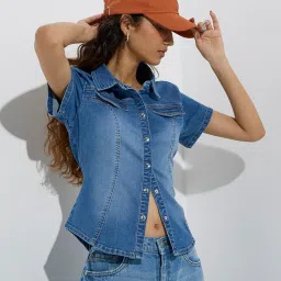 nuon women Nuon by Westside Blue Faded Denim Shirt image 1