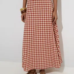 LOV by Westside Rust Gingham Checkered High-Rise Cotton Skirt image 1