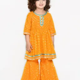 Saka Designs Kids Orange Foil Print Kurta with Sharara-image-66