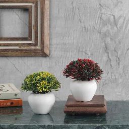 Foliyaj Green & Red Plastic Artificial Mini Bush With Leaves - Set of 2-picture-43