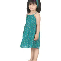 BownBee Kids Green Cotton Printed Frock & Headband image 1