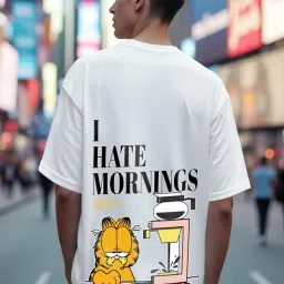 Bewakoof Men's White Garfield Hates Mornings Graphic Printed Oversized T-Shirt image 1