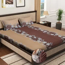 Klotthe Brown 300 TC Polycotton Double Elastic Book Fold Bedsheet with 2 Pillow Covers image 1