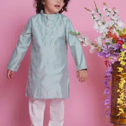 Little Bansi Boys Blue & White Self Full Sleeves Kurta Set image 1