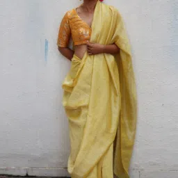 Chidiyaa Yellow Thread of Gold Amber Handwoven Linen Zari Saree image 1