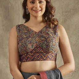 SALWAR STUDIO Kalamkari Block Printed Sleeveless Readymade Saree Blouse-picture-13