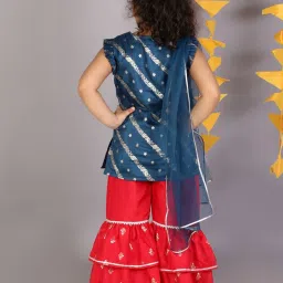 Lil Drama Kids Blue & Red Embroidered Kurta Set image 2