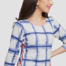 YASH GALLERY White & Blue Cotton Chequered A Line Kurta image 5