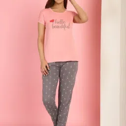 Gracit Pink & Grey Cotton Printed Top With Pyjamas-image-13