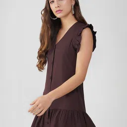 HERE&NOW Women Chocolate Brown Flutter Sleeve Drop-Waist Mini Dress image 4