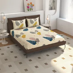 NEW TOWN Cream-Coloured & Blue 210 TC Queen Bedsheet with 2 Pillow Covers-picture-12