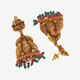 Kushal's Fashion Jewellery Silver Gold-Plated Stone Studded Dome Shaped Temple Jhumkas image 2