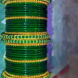 AMSHA Set Of 10 Green Glass Artificial Stones & Beads Bangle image 2