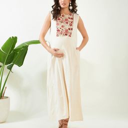 The Kaftan Company Sleeveless Floral Printed Maternity &  Feeding Dress With Concealed Zipper Nursing Access - Off White-picture-12