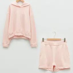 LC Waikiki Full Sleeves Solid Hooded Sweatshirt With Shorts - Pink-image-4