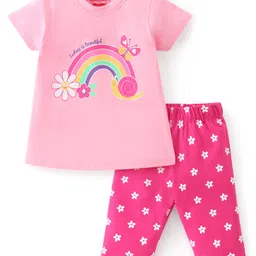 Babyhug Cotton Knit Half Sleeves Capri Night Suit With Rainbow Print - Pink-picture-19