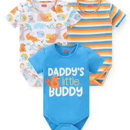 Babyhug 100% Cotton Knit Half Sleeves Onesies With Animals & Text Print Pack Of 3 - Blue White & Orange-picture-14