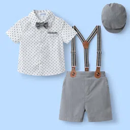 Mark & Mia Cotton Half Sleeves Polka Dot Print Party Shirt & Shorts Set with Suspender Bow & Cap - White & Grey-picture-14