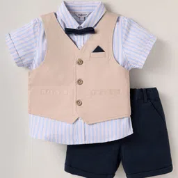 ToffyHouse Cotton Woven Half Sleeves Striped 3 Piece Party Suit With Bow - Beige White & Navy Blue-image-38