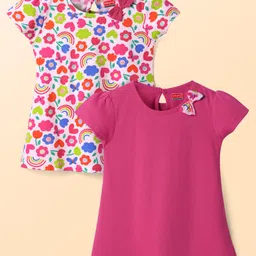 Babyhug Single Jersey Knit Half Sleeves Frock with Floral & Heart Print Bow Applique Pack of 2 - Dark Pink & White-picture-14