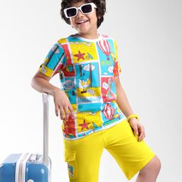 Ollington St. Cotton Half Sleeves Printed T-Shirt & Shorts Set -White & Yellow-picture-15