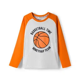Honeyhap Premium Cotton Knit Full Raglan Sleeves Night Suit with Bio Finish & Basketball Print - Orange Peel & Dark Shadow image 2