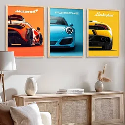 WALLLANE Set of 3 Red & Multicoloured Wood Sports Car Framed Poster image 3