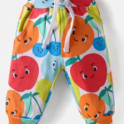 Babyhug Terry Knit Full Sleeves Hooded T-Shirt & Lounge Pants Set Fruits Print - Orange White & Red image 4