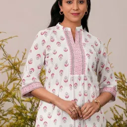 Libas White Cotton Printed A Line Short Kurti image 1