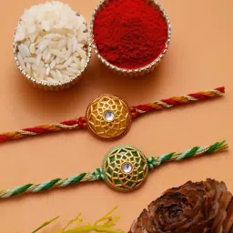 eCraftIndia Set of 2 Green & Yellow Flowers Rakhis for Brother, Bhabhi, Kids image 1